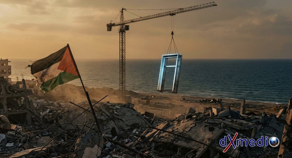 Bandera palestina rasgada y sucia ondeando sobre ruinas de concreto, mientras al fondo una grúa de construcción levanta una estructura moderna de cristal junto al mar. dXmedio.