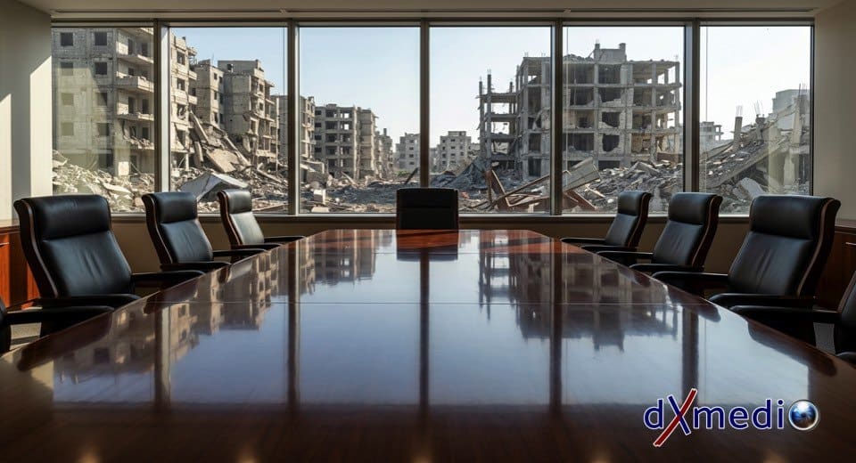 Consejo de Paz de Trump: Sala de juntas corporativa vacía con mesa de caoba y sillas de cuero, con vista a través de un ventanal hacia una ciudad de Gaza destruida por bombardeos. dXmedio.