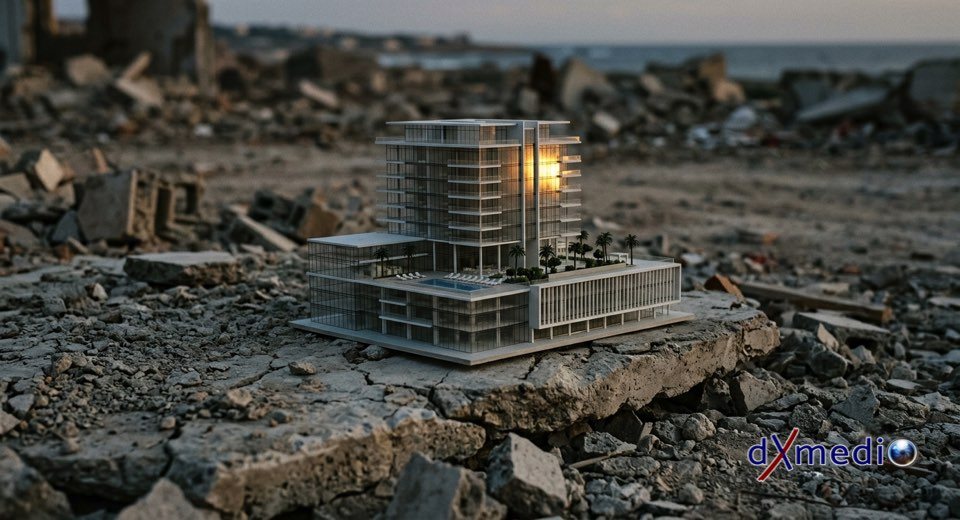 Maqueta arquitectónica impecable de un hotel de lujo frente al mar, colocada directamente sobre escombros grises y concreto agrietado. dXmedio.