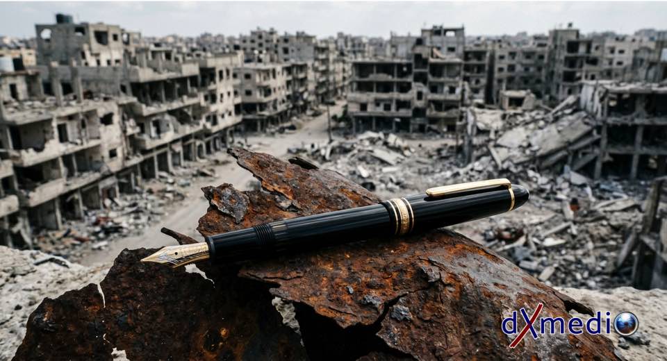 Pluma fuente ejecutiva negra y dorada apoyada en equilibrio sobre un trozo de metralla oxidada, con un fondo de ciudad en ruinas. dXmedio.
